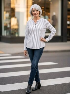 Striped White Henley Blouse - Classic Long Sleeve Top
